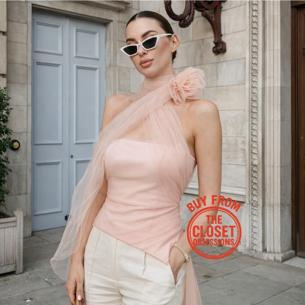 Mango NWT Pink Semi Sheer Gauze Flower Applique Strapless Crop Top M L